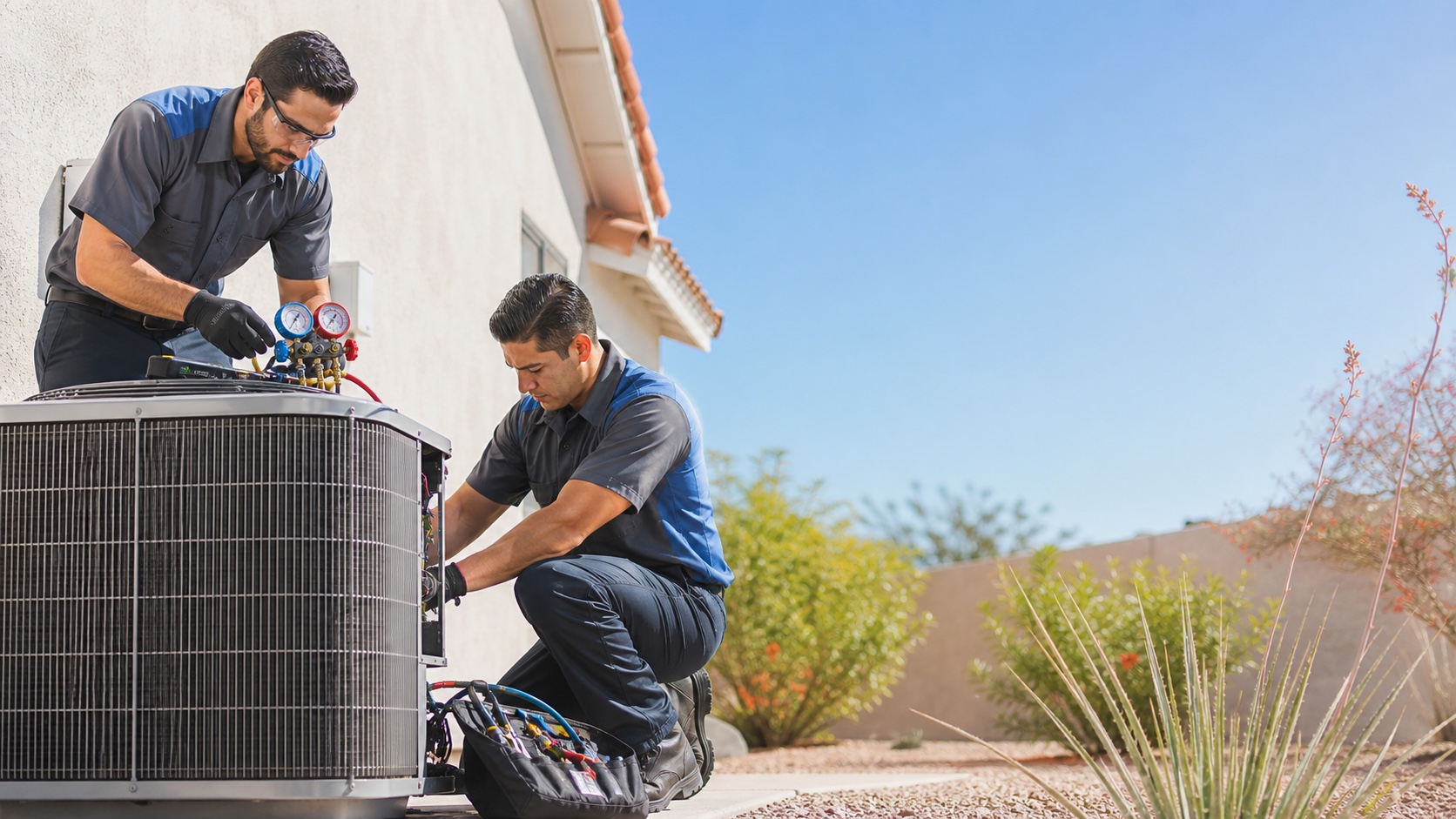 Hero photo — technician servicing a condenser, Front Range light